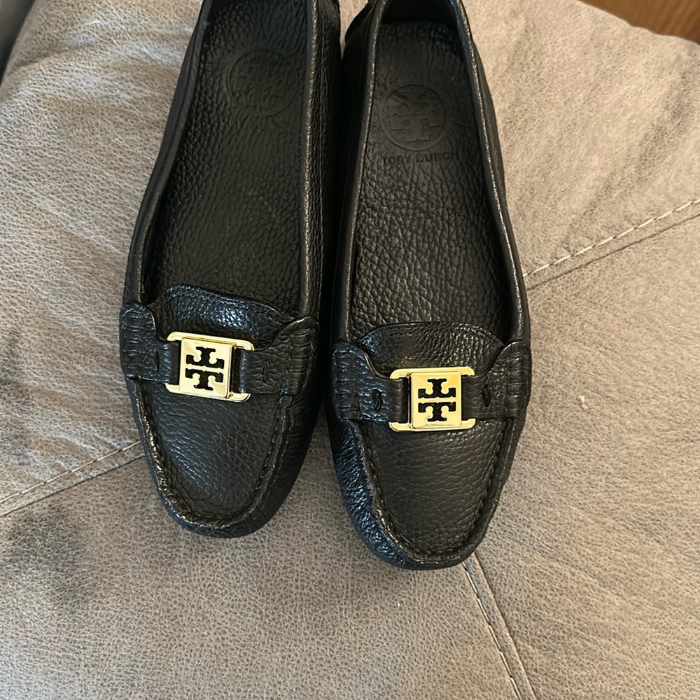 Tory Burch Black Leather Loafers with Gold Logo
